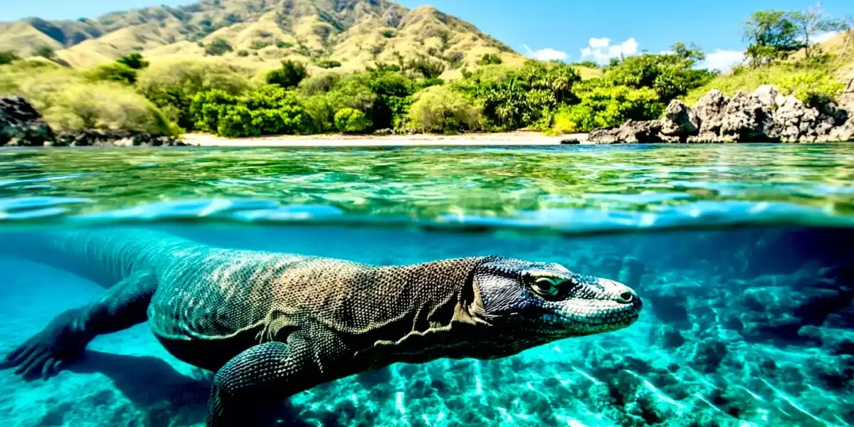 Illustration of Komodo dragon swimming in the waters of Komodo National Park | Komodo Luxury