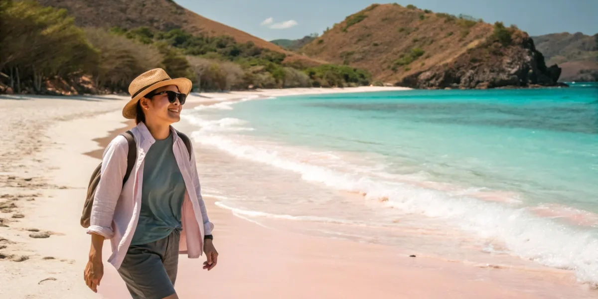Korean Tourist Strolling Along Pink Beach | Komodo Luxury