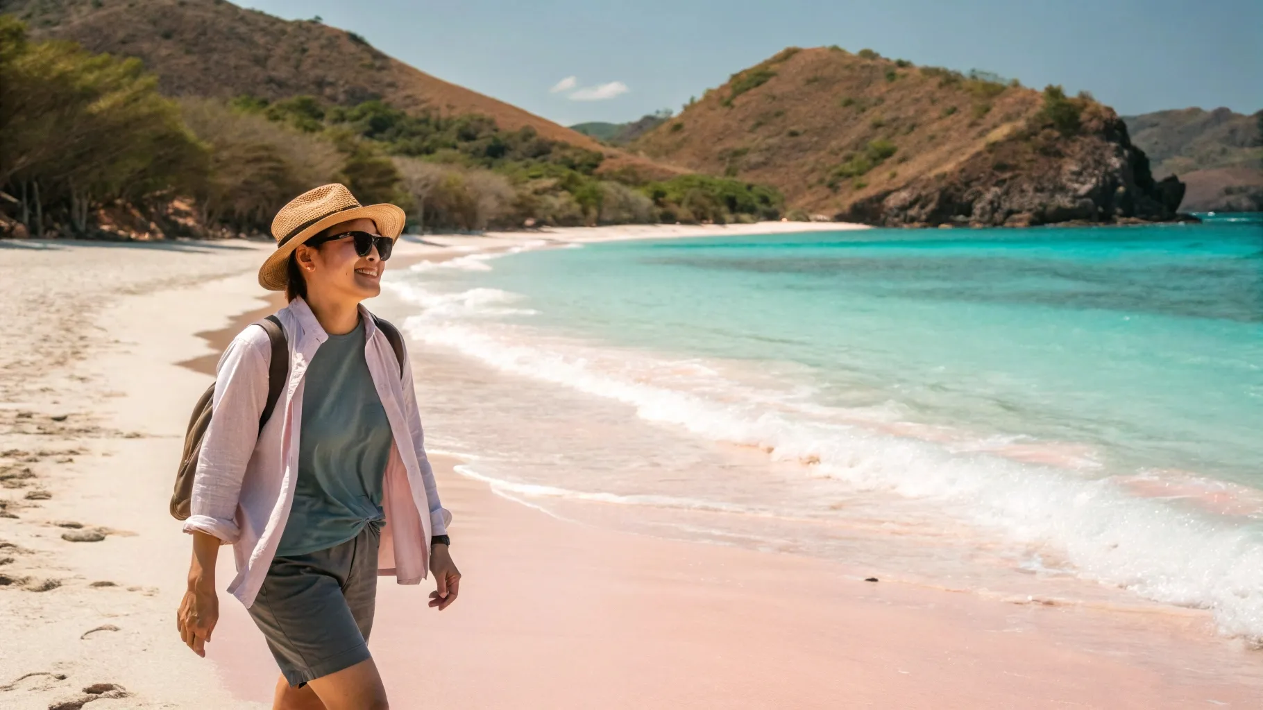 Korean Tourist Strolling Along Pink Beach | Komodo Luxury